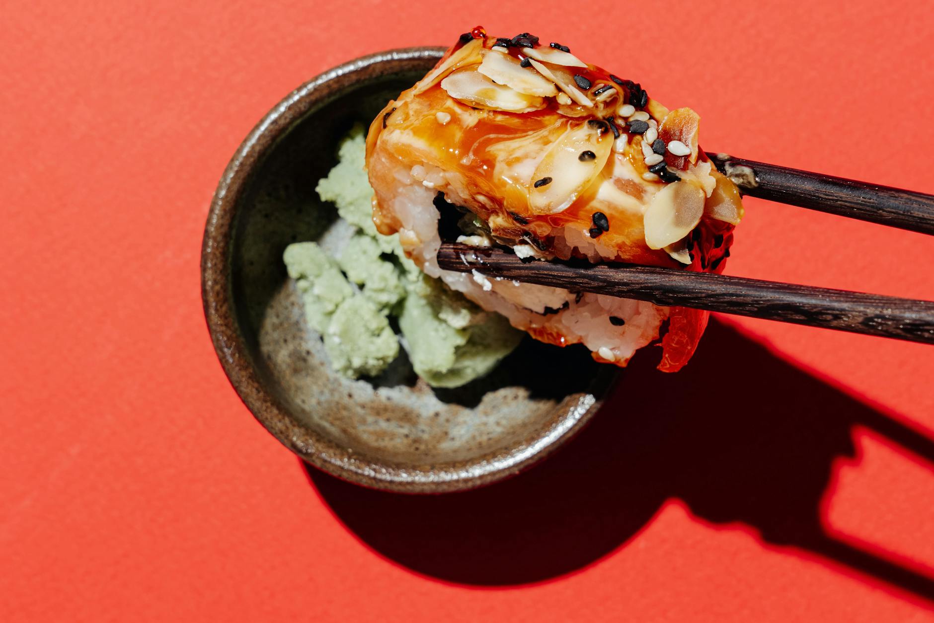 close up of a bowl of sushi
